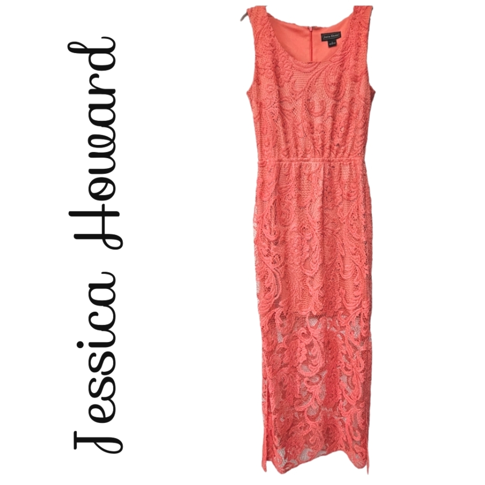 Jessica Howard Salmon Lace Sleeveless High/Low Short lining Long Lace Maxidress